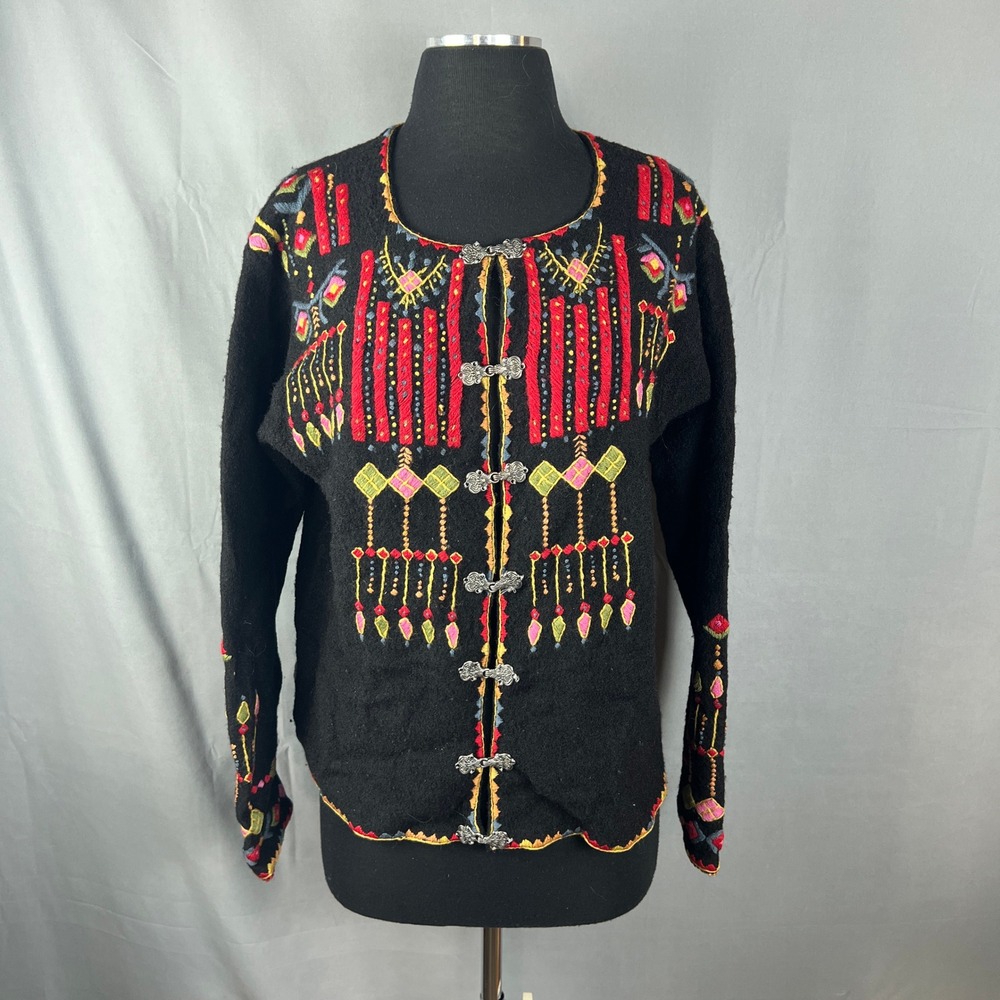 Vrikke Norwegian Cardigan Sweater Womens Black Intricate Embroidery Long Sleeve
